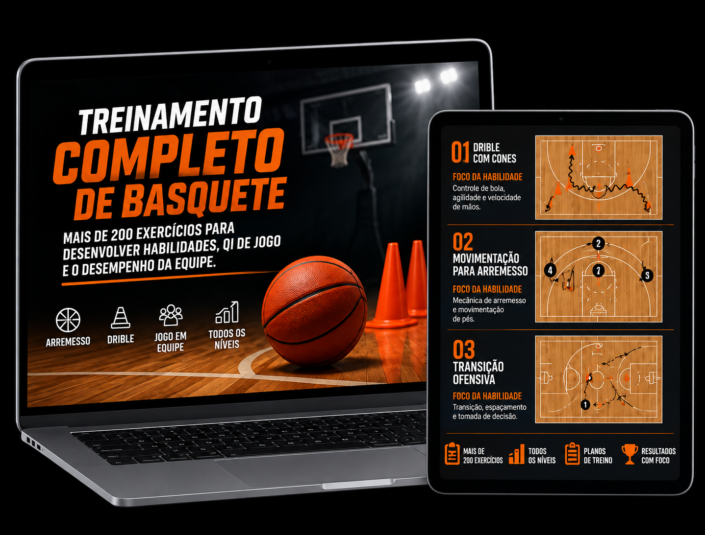 Pacote de exercícios de basquete exibido em notebook e tablet